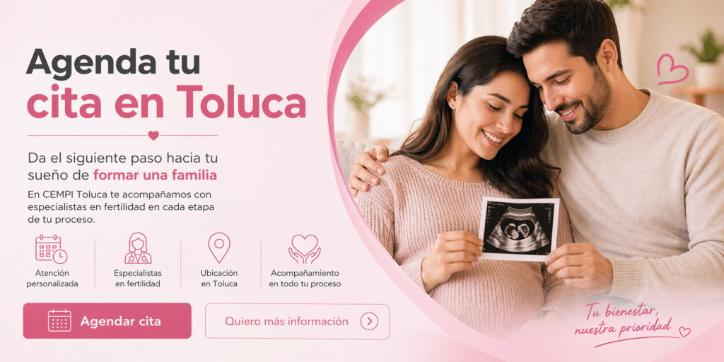 Pareja feliz observando una imagen de ultrasonido, representando el deseo de formar una familia, con mensaje para agendar cita en CEMPI Toluca.