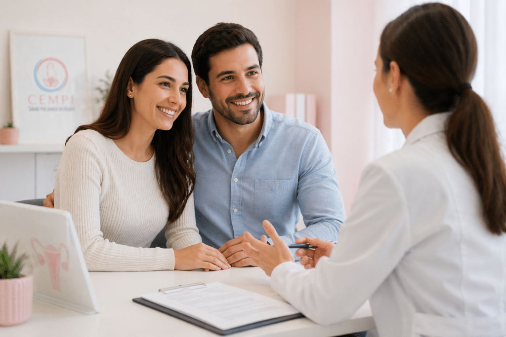 Pareja en consulta inicial con especialista en fertilidad recibiendo orientación personalizada en CEMPI Toluca.
