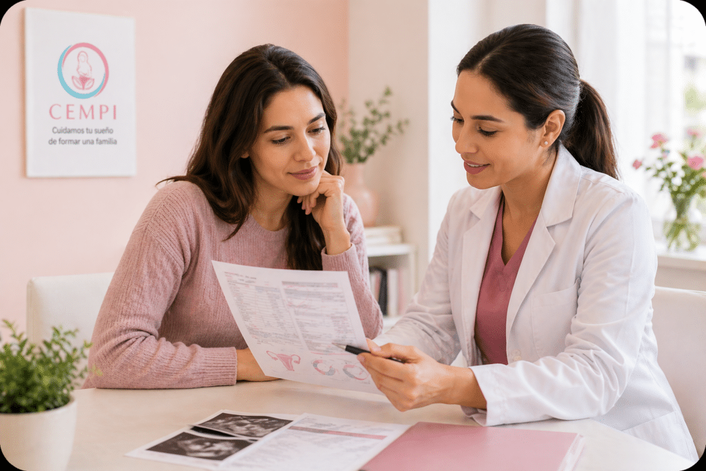 Mujer revisando estudios médicos con especialista en fertilidad durante consulta de segunda opinión en Toluca.