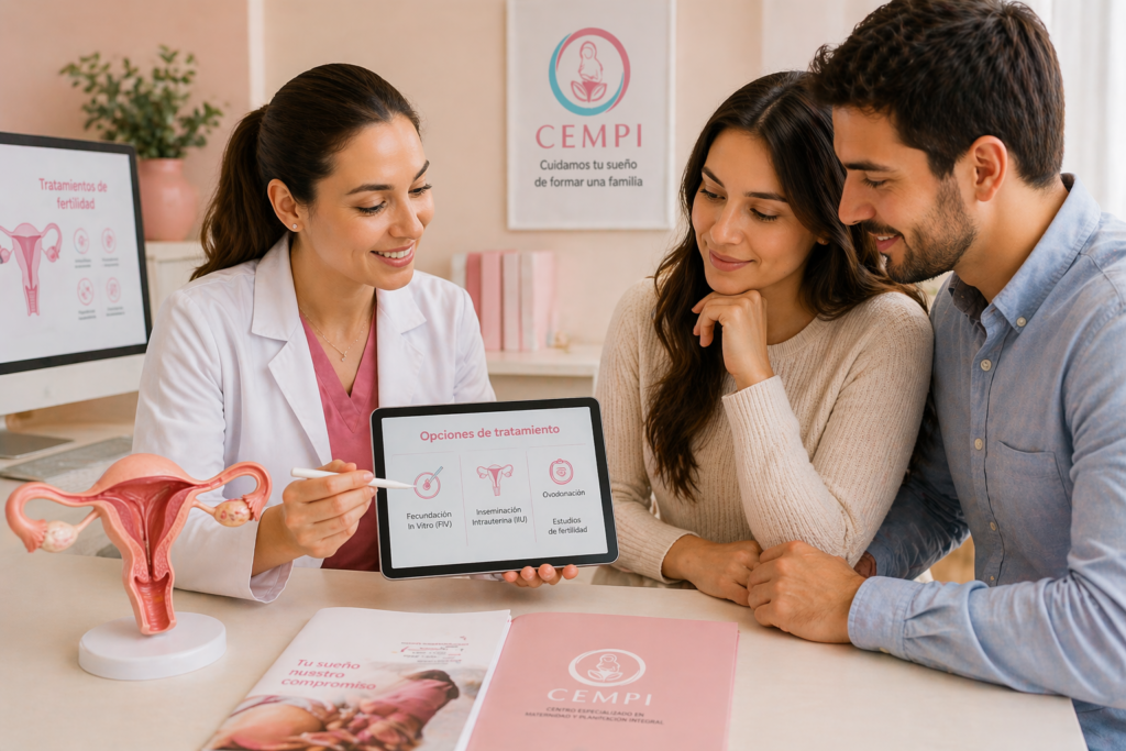 Pareja recibiendo explicación de tratamientos de fertilidad como FIV e inseminación con especialista en clínica.